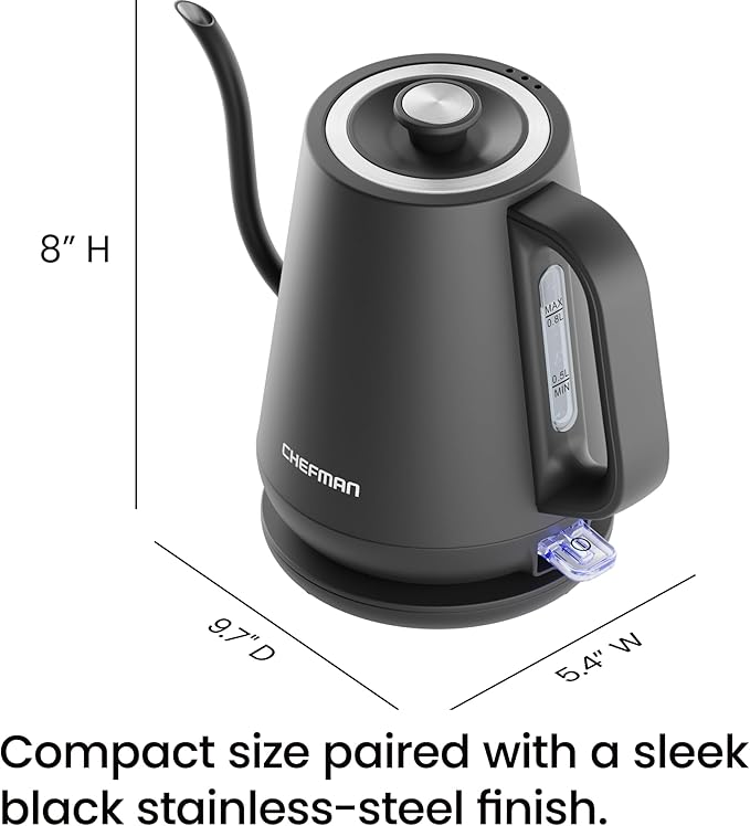 Chefman Gooseneck Electric Kettle, 0.8L Pour Over Tea Kettle for Coffee and Tea, One-Touch Operation, Boil-Dry Protection, Auto Shut-Off, Ultra-Fast Hot Water Boiler – Black - Bloomnest
