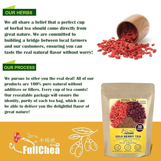 FullChea - Goji Berry Tea For Men, 30 Count X 6g - Premium Five Flavors Herbal Tea Combination - Schisandra Berries, Dodder, Wolfberry - Support Kidney Health & Boost Energy - Bloomnest