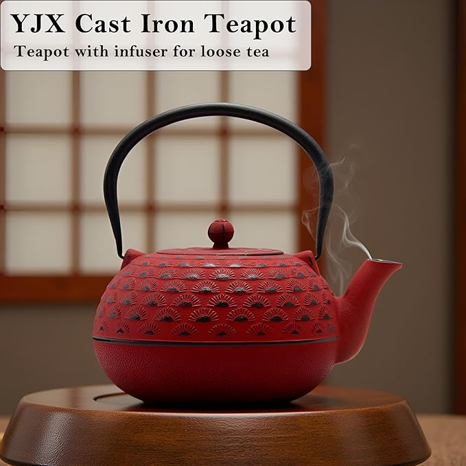 YJX 60.9 fl oz Cast Iron Teapot, Large Tea Kettle for Stove Top, Red Tea Pot with Stainless Steel Infuser for Loose Tea, 1.8L Japanese Enameled Metal Teapot - Bloomnest