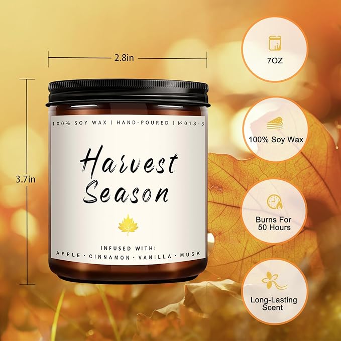 Fall Candle - Harvest Season Scented Candle, Fall Soy Candles for Home Decor, 7 oz Natural Soy Wax – Long-Lasting Autumn Candles, Aromatherapy Gift for Women & Thanksgiving, 7oz - Bloomnest