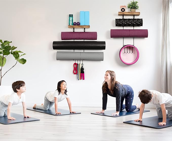 2 PACK Yoga Mat Holder Wall Mount Yoga Mat Storage Shelf Rack Home Gym Accessories with Wood Floating Shelves and 4 Hooks for Hanging Foam Roller and Resistance Bands Home Gym Carbonized Black