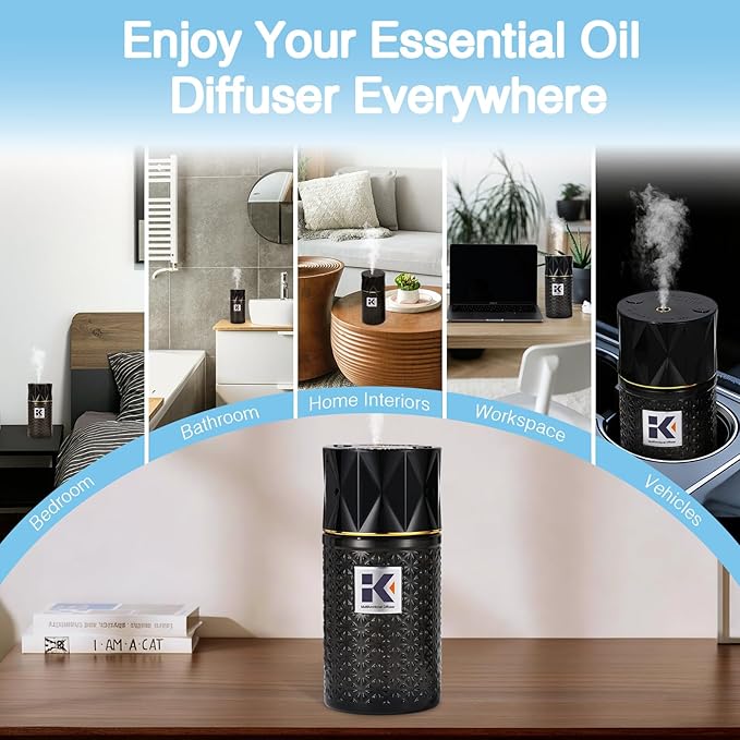 Ikeda Essential Oil Diffuser with Negative Ions, 250ml Glass Aromatherapy Diffuser with 10mL Lavender Essential Oil,3 Modes & 2000 mAH Battery Operated Car Diffuser with Night Light for Home,Black