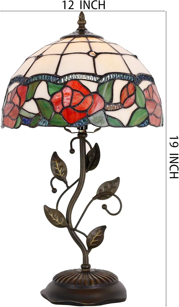 Tiffany Lamp Rose Flower Style Stained Glass Table Lamp Desk Bedside Reading Light 12X12X19 Inches with Metal Leaf Base Decor Bedroom Living Room - Bloomnest