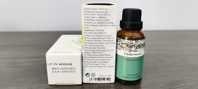 Cedarwood Essential Oil, 1.01Fl.Oz (30ML) PHATOIL Pure Essential Oil Singles for Aromatherapy Diffusers, Humidifiers, Great for DIY Candle and Soap Making, Gift for Friend PHATOIL