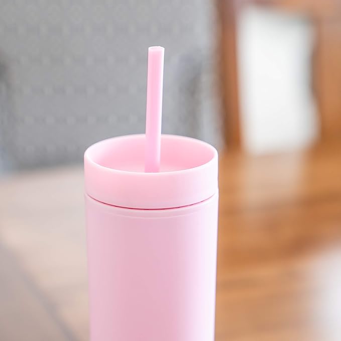 STRATA CUPS Multicolor Skinny Tumblers with Lids and Straws (12 pack) - 16oz Double Wall Acrylic Tumbler, Tall Matte Skinny Tumblers, Bulk with Free Straw Cleaner, Reusable Cups - Bloomnest