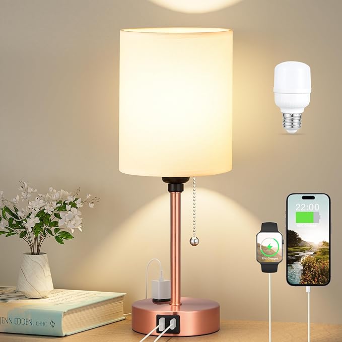 Small Bedside Table lamp for Bedroom - Red Bronze Modern Wedding Gift for Couples, 3 Color Temperatures & USB Ports & AC Outlet, Gold Nightstand Lamps for Reading, Dorm, Office, Living Room, Bathroom - Bloomnest