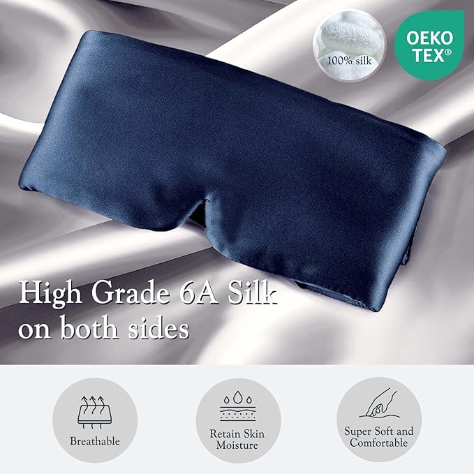 Nature Silk Sleeping Mask Soft Featherweight Eye Mask Large Wrap-Around Blindfold with Adjustable Velcro Blackout for Wild Sleeper Nose Cut (NavyBlue) - Bloomnest