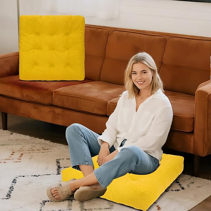 Meditation Floor Pillow Set of 2, Square Large Pillows Seating for Adults, Tufted Corduroy Cushion for Tatami Living Room, 22x22 Inch FP-Yellow - Bloomnest