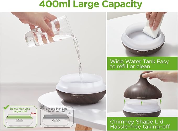 InnoGear Aromatherapy Diffuser & 10 Essential Oils Set, 400ml Diffuser Ultrasonic Diffuser Cool Mist Humidifier with 4 Timers 7 Colors Light Waterless Auto Off for Large Room Office, Dark Wood Grain - Bloomnest