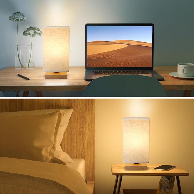 Small Square Bedside Table Lamp for Bedroom, Minimalist Wood Base & Round Fabric Shade, Mini Cute Cozy Warm Nightstand Boho Lamp, Study Desk Night Stand Light for Room, Dorm, Nursery, Living Room - Bloomnest