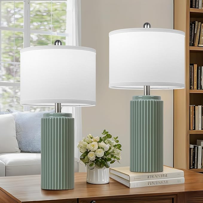 TOBUSA 23.5’’ Modern Green Ceramic Table Lamps Set of 2 for Living Room, Farmhouse Ceramic Bedside Nightstand Lamps for Bedroom, Vintage Decorative Boho Lamps for Home End Table Dorm Office - Bloomnest