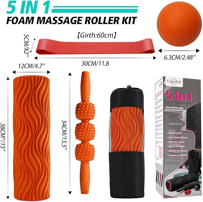 5-in-1 Foam Roller Set, Massage Roller Stick, Massage Ball, Resistance Band for Deep Muscle Massage, Trigger Point Release, Pilates, Yoga (Orange-Wave) - Bloomnest