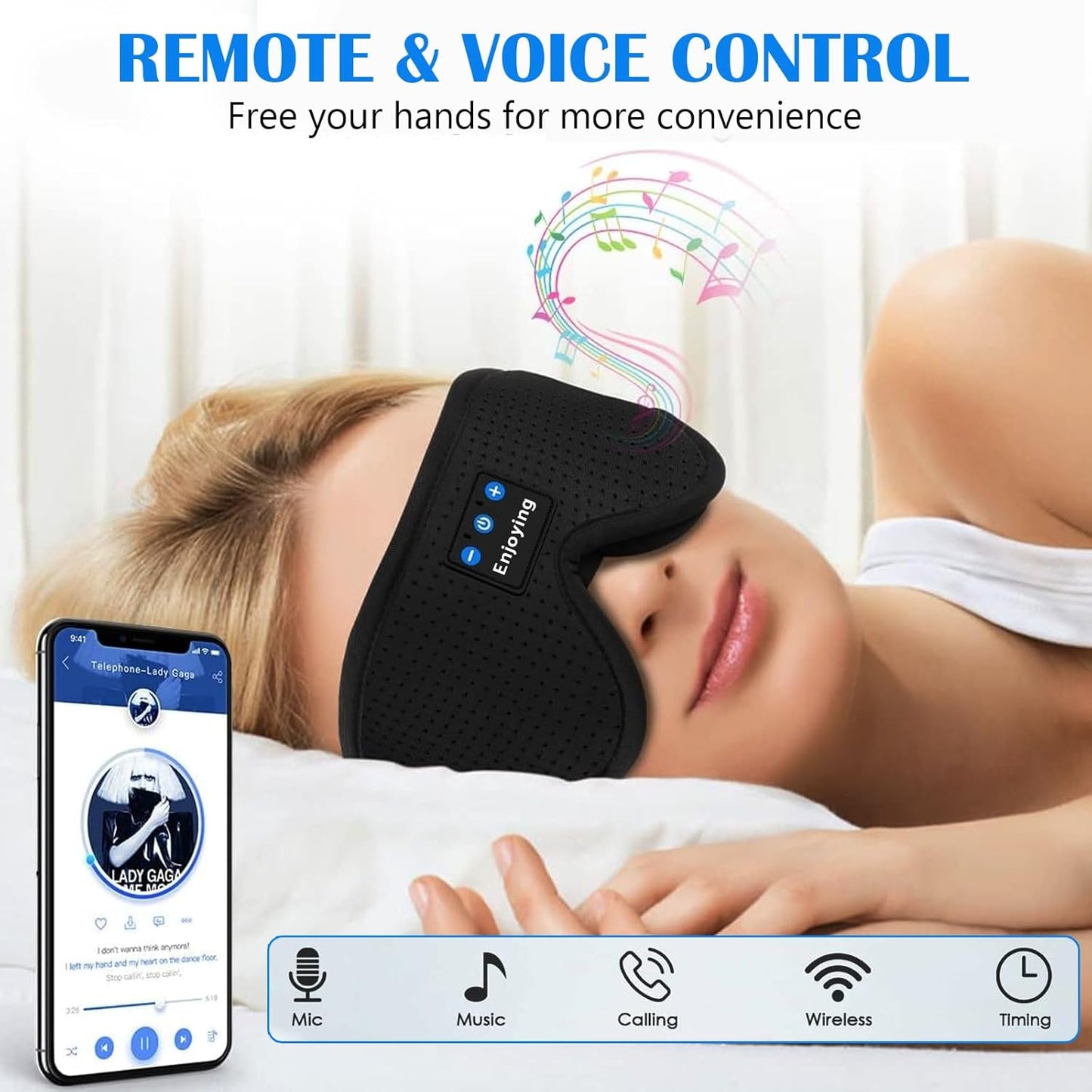 Sleep Headphones, Sleep Mask Bluetooth Wireless Music Eye Mask, Sleeping Headphones for Side Sleepers Sleep Mask with Bluetooth Headphones Ultra-Thin Stereo Speakers for Sleeping (Black)