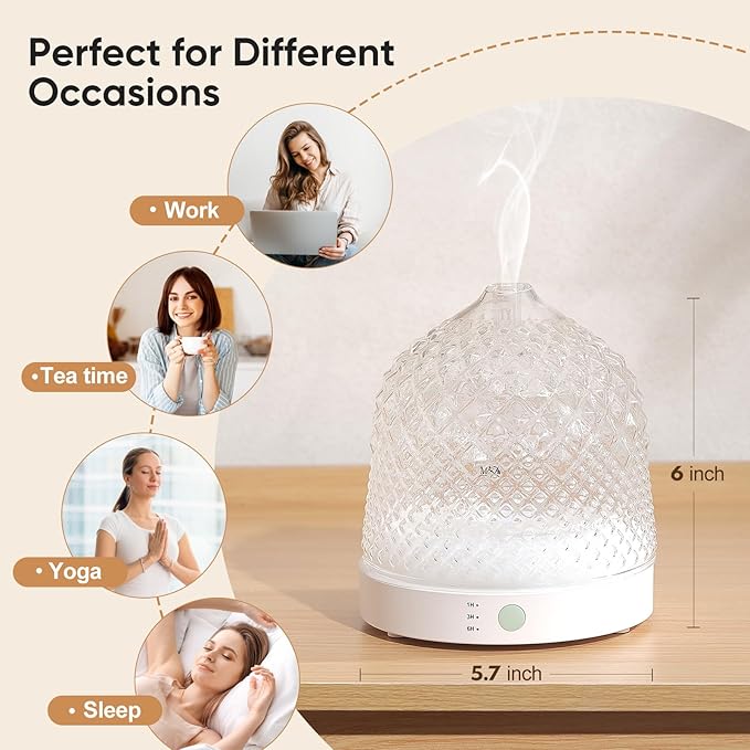 Glass Essential Oil Diffuser, 200ml Ultrasonic Aroma Diffusers with Glass Reservoir Dome & White Plastic Base Lock Color Auto-Off Timer 7 Color Light for Home Office Bedroom Yoga - Bloomnest