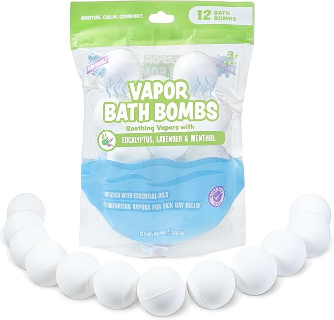 Tub Works® Vapor Bath Bombs for Toddlers & Kids, 12 Pack | Natural Essential Oils for Aromatherapy | Calming Eucalyptus Bath Bomb with Lavender & Menthol for Cold, Flu & Congestion Relief - Bloomnest