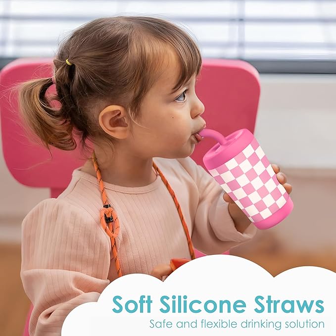 Kid Insulated Stainless Steel Tumbler with Silicone Straw, 12oz Sippy Cup for Kids (Pink Checkerboard) - Bloomnest