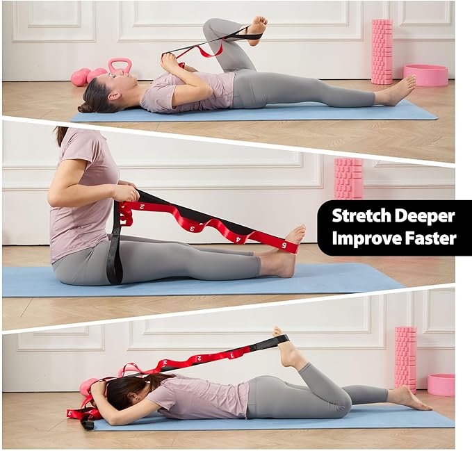 Stretching Strap with 10 Loops-Yoga Strap for Physical Therapy,Home Workout,Pilate & Flexibility Training,Non Elastic Exercise Stretch Band for Hamstring,Leg Stretcher Belt,Flexibility Fascia - Bloomnest