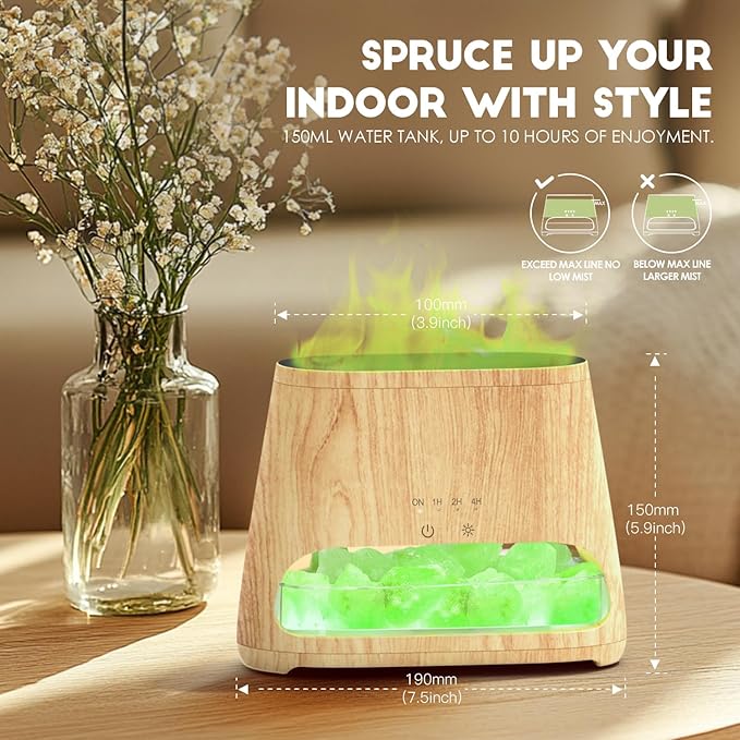 SALKING Colorful Flame Fire Diffuser Humidifier, Himalayan Salt Lamp, 7 Colors Changing Oil Diffuser, Ultra-Quiet Essential Oils Aromatherapy Diffusers for Large Room, Bedroom,150ml (Wooden Grain) - Bloomnest