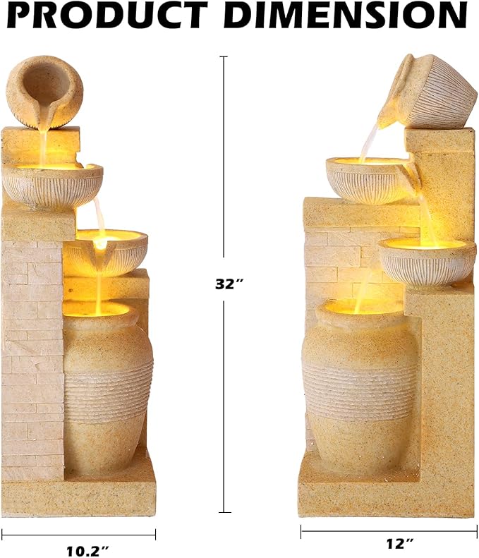 Grepatio Outdoor 4-Tiers Water Fountain, Garden Cascading Waterfalls Fountain with LED Lights, 32"H Modern Indoor/Outdoor Bowl Waterfall Feature Water Fountains for Garden, Patio, Yard Decor (Yellow) - Bloomnest