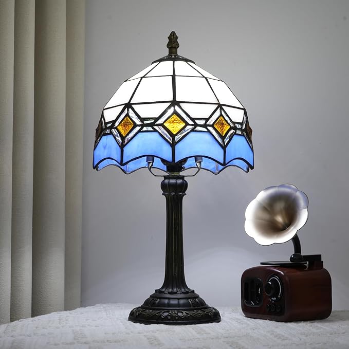 Blue and White Lamp Small Tiffany Lamps Bedside for Bedroom Dector Light Stained Glass Table Lamp Living Room Night Lamp Farmhouse Cute 8 Inch Aesthetic Mediterranean Mosaic Nightstand Desk Lamps E26 - Bloomnest