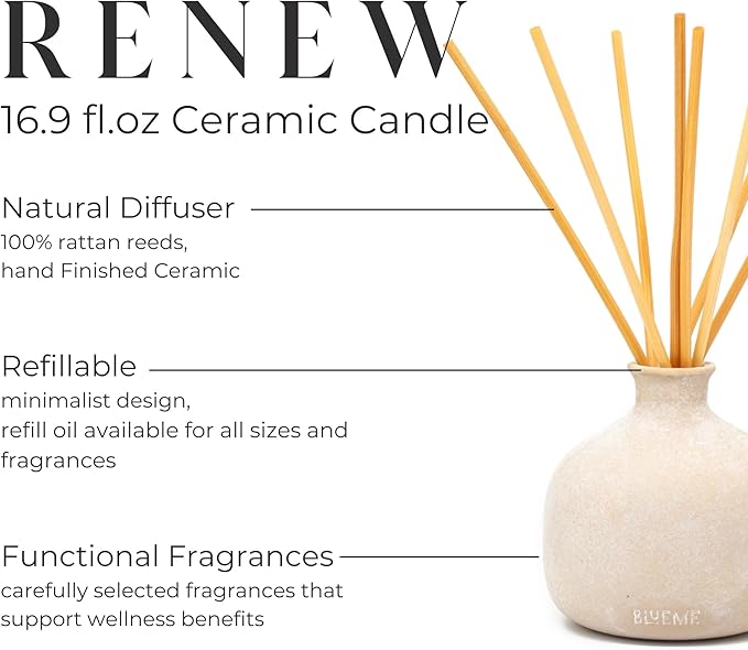 BLUEME Renew-Ivy & Rose, 16.91 Fl Oz Wellness Diffuser, Contains Essential Oil, Sustainable, Hand Finished, Premium, Luxury Ceramic, Natural Rattan Reeds - Bloomnest