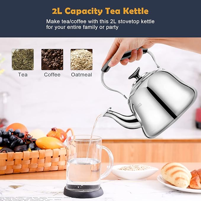 Tea Kettle Stovetop Whistling Teakettle ClassicTeapot Stainless Steel Tea Pots for Stove Top with Heat-resistant Folding Handle Mirror Finish, 2 liters - Bloomnest
