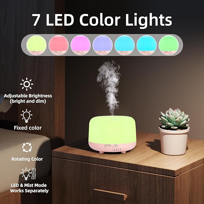 300ML Essential Oil Diffuser, Cool Mist Small Diffuser with Remote Control, 7 Color Changing LED Light, 4 Timer Settings,Waterless Safety Shut Off, for Bedroom, Room, Office(Pink) - Bloomnest