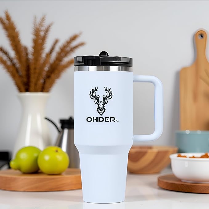 40 oz Tumbler with Handle and Straw | Vacuum Insulated Double Wall Stainless Steel Travel Mug | Leakproof, Hot and Cold | Cup Holder Friendly Base (Grey) - Bloomnest