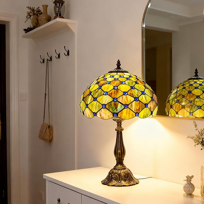 Tiffany Lamp Gradient Green Stained Glass Table Lamp Desk Bedside Reading Light Decor Bedroom Living Room Home Office D12*H18 Inches - Bloomnest