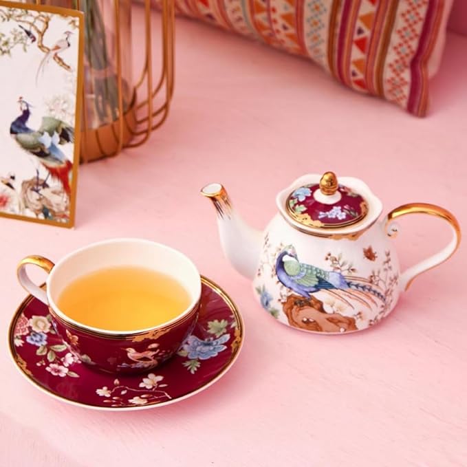 ACMLIFE Bone China Tea Set For One Teapot And Cup Set, Vintage Floral Tea Cup Set With Teapot and Saucer Set 12 Oz Bone China Teapot For One Set Red And White Gift Giving For Women (Fuchsia) - Bloomnest