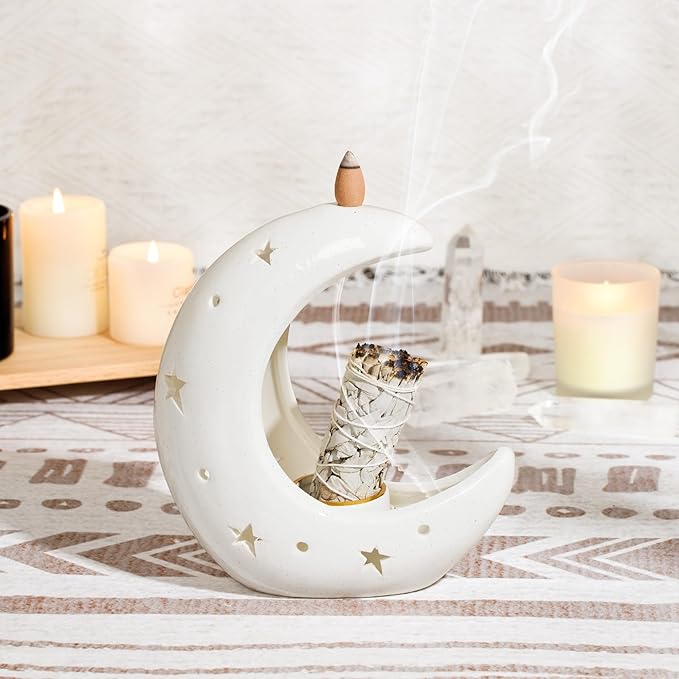 ZenBless Moon Versatile Ceramic Backflow Incense Holder and Burner Waterfall,for Burning Sage, Palo Santo, Backflow Cone and Candle,Aromatherapy Ornament Home Room Decor,the Ideal Present (White)