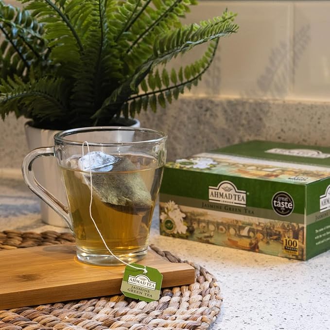 Ahmad Tea Jasmine Green Tea, Tagged Teabags without envelopes, 100 Count - Bloomnest