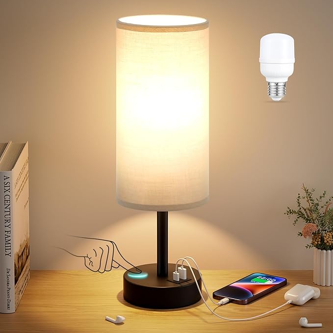 Dicoool Grey Touch Bedside Lamp with USB - 3 Way Dimmable Table Lamp for Bedroom, Nightstand Lamp with Black Charging Station for Desk Dorm, Office, Boy Kids Room, Small - Bloomnest