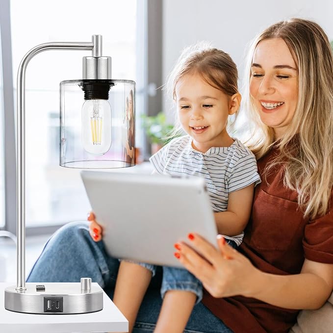 Set of 2 Industrial Table Lamps with USB C+A Ports and Outlet, Brushed Nickle Fully Stepless Dimmable Bedside Lamps, Nightstand Lamp with Clear Glass Shade for Bedroom Living Room 2 LED Bulb Included - Bloomnest