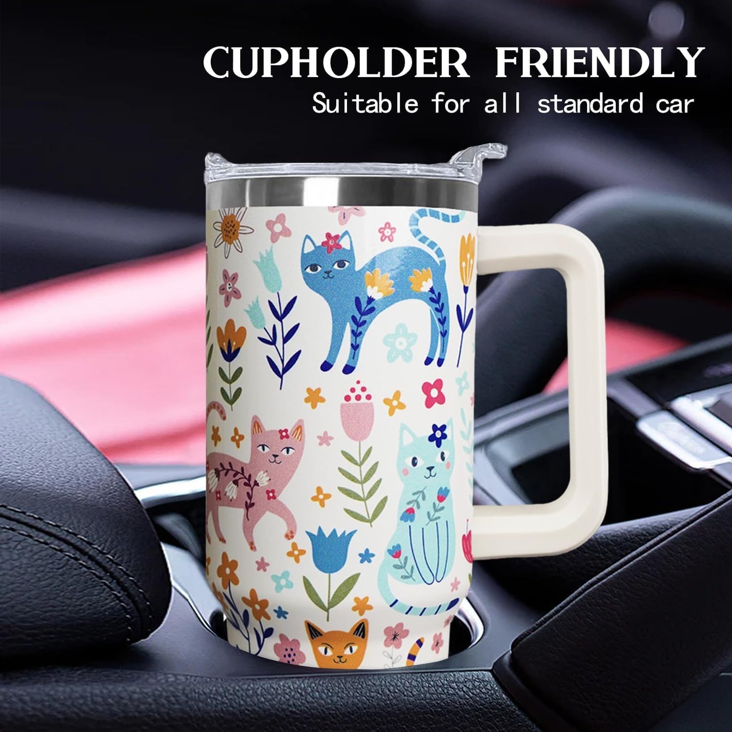 Ceovfoi 40 Oz Cat Tumbler With Handle, Coffee Travel Mug Cup Water Bottle, Cat Decor, Gifts for Women