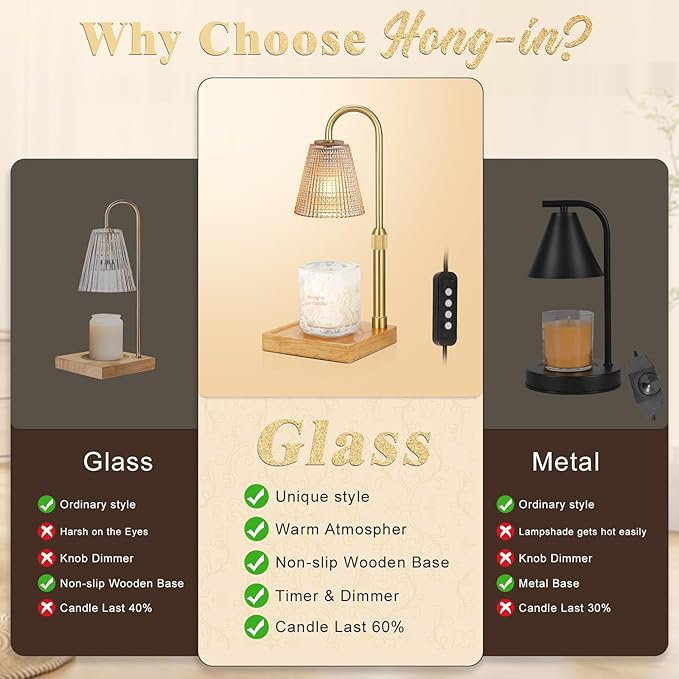 Adjustable Height Candle Warmer Lamp with Timer Dimmer,Birthday Gifts for Women Mom,House Warming Gifts New Home Room Decor,Vintage Wax Warmer for Scented Wax Jar Candles(Amber) - Bloomnest