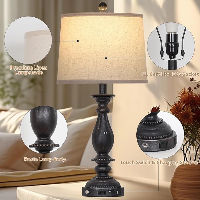 28" Tall Farmhouse Table Lamps for Living Room Set of 2,Vintage Rustic Black Bedside Touch Lamp with USB C+A Ports & AC Outlet, 3-Way Dimmable Resin Nightstand Lamp for Bedroom Entryway Office - Bloomnest