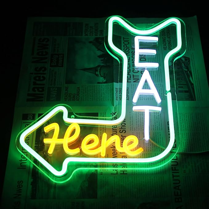 Eat Here Neon Sign Kitchen Neon Signs for Wall Decor with Arrow Guidance Green Orange White Eat Dimmable LED Sign Diner Neon Signs for Wall Bar Restaurant Kitchen Man Cave Decor - Bloomnest