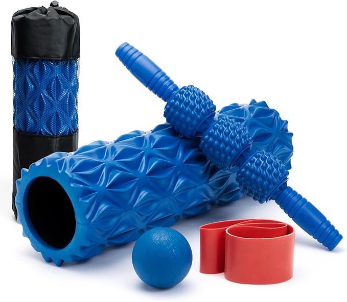 5 in1 Foam Roller Set, Trigger Point Foam Roller, Massage Roller Stick, Massage Ball, Resistance Band for Deep Muscle Massage Pilates Yoga,Fitness Exercise for Whole Body (Pure Blue) - Bloomnest