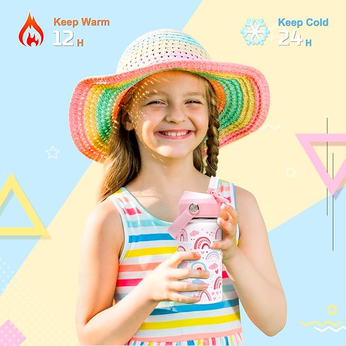 14oz Kids Insulated Water Bottle with Straw Lid - 18/8 Stainless Steel Kid Cup Travel Tumbler Double Wall Vacuum Leak Proof Portable Toddler Water Bottle (Rainbow) - Bloomnest