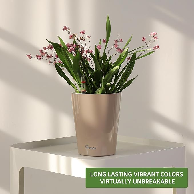 Dexceder 6x7 Self Watering Planter Indoor Outdoor, High Gloss Table Flower Plant Pot with Water Level Indicator (Taupe) - Bloomnest