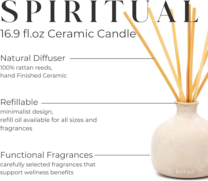 BLUEME Spiritual-Palo Santo & Vetiver, 16.91 Fl Oz Wellness Diffuser, Contains Essential Oil, Sustainable, Hand Finished, Premium, Luxury Ceramic, Natural Rattan Reeds - Bloomnest