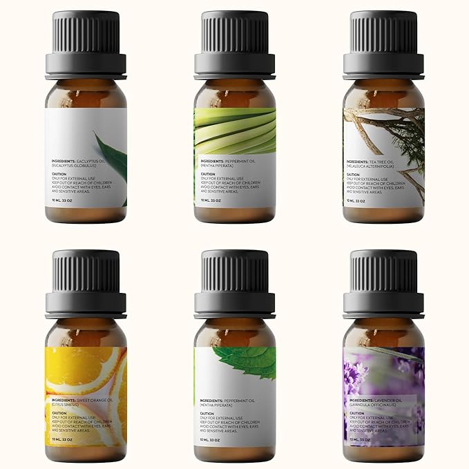 Essential Oils Set by Pure Aroma - Top 6 Aromatherapy Oils Gift Set-6 Pack, 10ml (Eucalyptus, Lavender, Lemongrass, Sweet Orange, Peppermint, Tea Tree) - Bloomnest