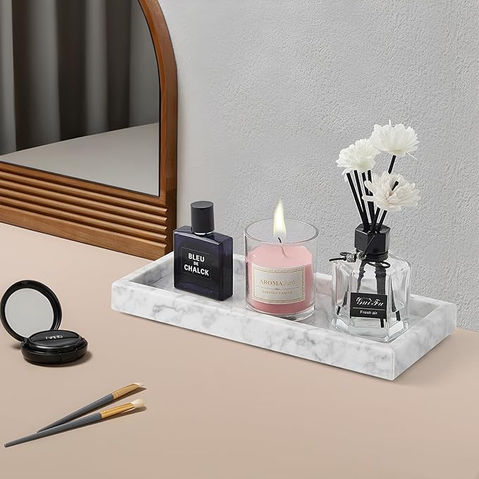 Real Natural Small Marble Tray for Bathroom, Vanity, Kitchen and Desktop, Rectangle Genuine Marble Stone Tray for Jewelry, Cosmetics, Candles, Lotion, Perfume and Home Decor (White, 12" x 5" x 1.2")