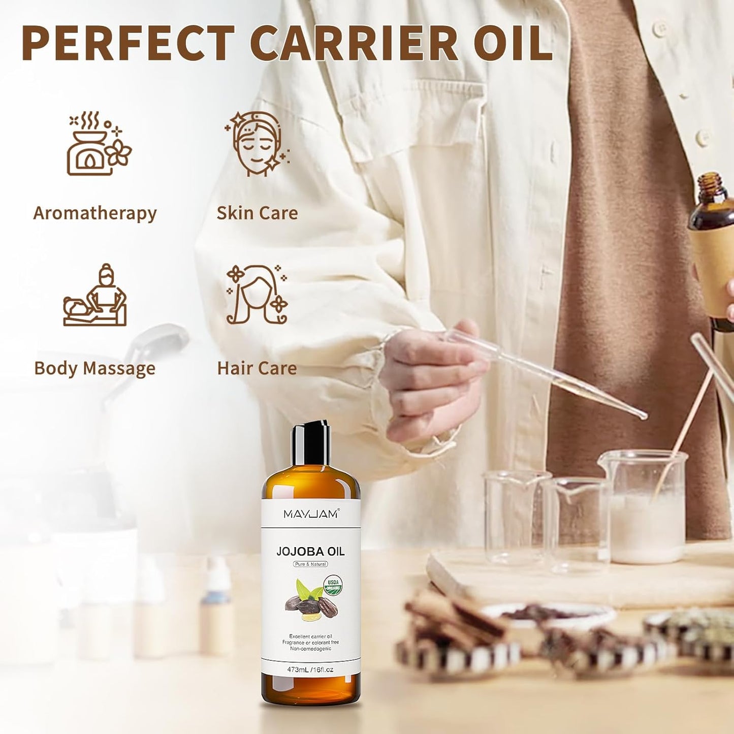 MAYJAM 16 Oz Jojoba Oil for Skin, USDA Certified Cold Pressed Jojoba Oil for Hair, Face, Body, Ear Stretch, Nails,Massage, Deeply Moisturizing, Carrier Oil for Essential Oils Mixing(473ML)