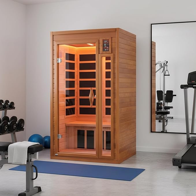 DYNAMIC SAUNAS Barcelona 1- to 2-Person Low EMF FAR Infrared Sauna with Red Light Therapy & Bluetooth Speakers | Personal Indoor Dry Heat Sauna for Home & Gym – Made from Canadian Hemlock DynamicSaunas