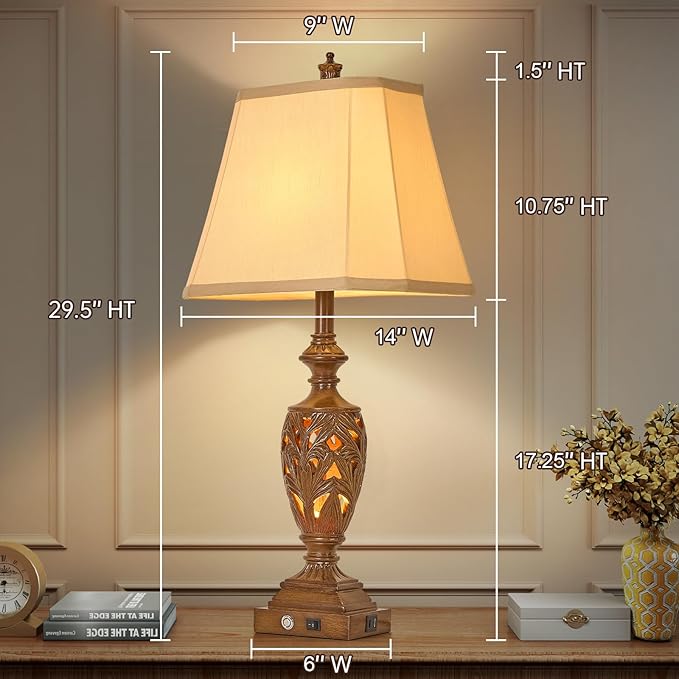 29.5"H Touch Control Traditional Table Lamp with Dual USB Ports, Set of 2, 3-Way Dimmable Hollow Out Leafwork Bronze Wood Finish Vintage Bedside Nightstand Desk Lamps for Living Room,Bedroom - Bloomnest