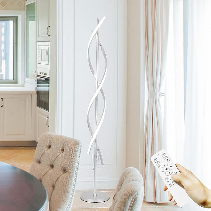 Tall Modern Floor Light Lamp for Living Room,Dimmable Spiral Corner Bedside Lamp with Rmoete for Bedroom,LED 3 Color Floor Lamp with Foot Switch for Dining Room(Silver) - Bloomnest