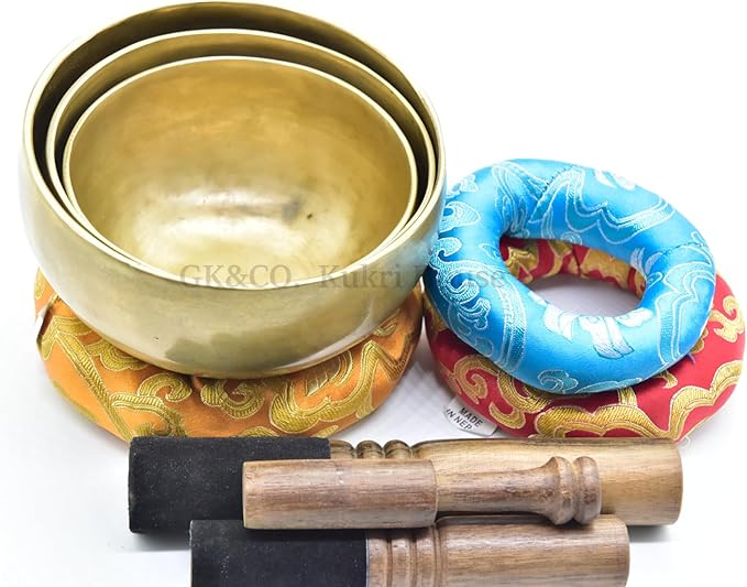 Chakra Healing Tibetan Singing Bowls Set of 3 pieces ~ Hand Hammered Himalayan Yoga Meditation Bowls - 4.5" to 5.5" - included 3 Mallets, and 3 cushions. Handmade in Nepal GKCOKukriHouse