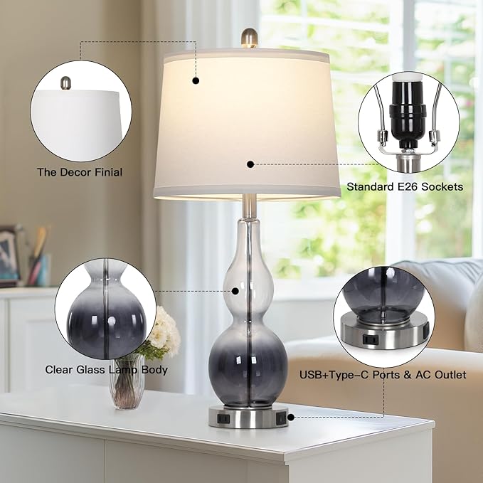 27.5" Gradual Gray Clear Glass Table Lamp Set of 2,3-Way Dimmable Touch Control Bedside Lamps with USB Ports and AC Outlet, Modern Nightstand Lamps for Bedroom Living Room - Bloomnest